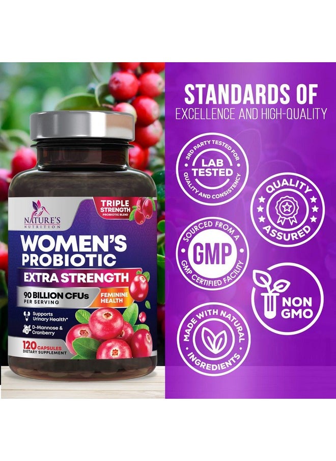 Nature's Nutrition - Probiotics for Women with Prebiotics - Women's Probiotic 90 Billion CFU 16 Strains for Digestive Health, Vaginal Probiotics, PH, & Immune Support for Women, D-Mannose with Cranberry - 120 Capsules - Image 1