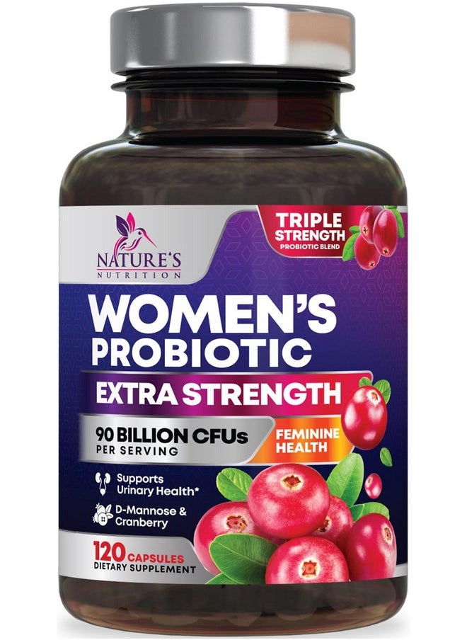 Nature's Nutrition - Probiotics for Women with Prebiotics - Women's Probiotic 90 Billion CFU 16 Strains for Digestive Health, Vaginal Probiotics, PH, & Immune Support for Women, D-Mannose with Cranberry - 120 Capsules - Image 1