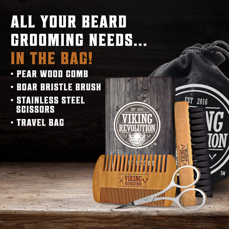 Viking Revolution Beard Comb & Beard Brush Set for Men -- Natural Boar Bristle Brush and Dual Action Pear Wood Comb w/Velvet Travel Pouch - Great for Grooming Beards and Mustaches - Image 2