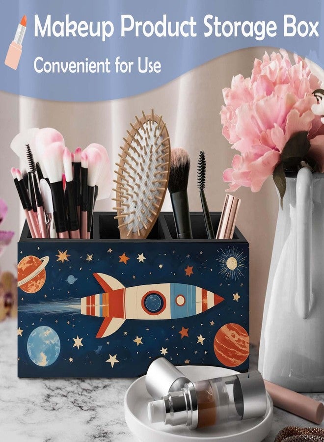 SNNDER Outer Space Pen Holder for Desk, Cosmic Rocket Planet Celestial Wooden Box Sign Desk Decor for Kids Room Home Classroom Decoration, Blue Galaxy Pencil Organizer, Space Decor for Boys Room - Image 3