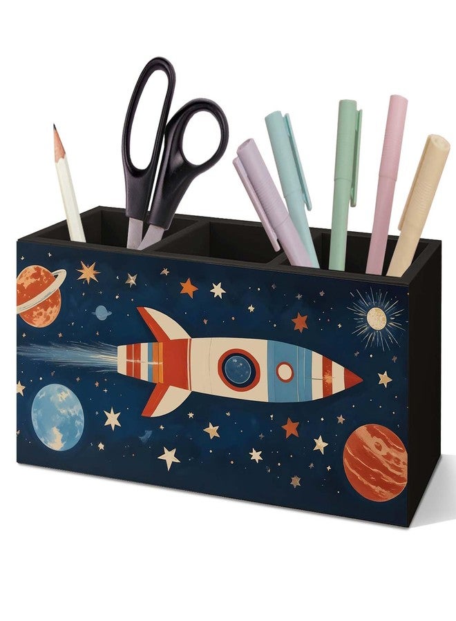 SNNDER Outer Space Pen Holder for Desk, Cosmic Rocket Planet Celestial Wooden Box Sign Desk Decor for Kids Room Home Classroom Decoration, Blue Galaxy Pencil Organizer, Space Decor for Boys Room - Image 1
