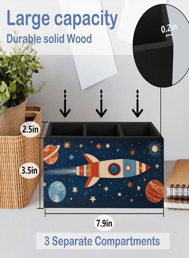 SNNDER Outer Space Pen Holder for Desk, Cosmic Rocket Planet Celestial Wooden Box Sign Desk Decor for Kids Room Home Classroom Decoration, Blue Galaxy Pencil Organizer, Space Decor for Boys Room - Image 2