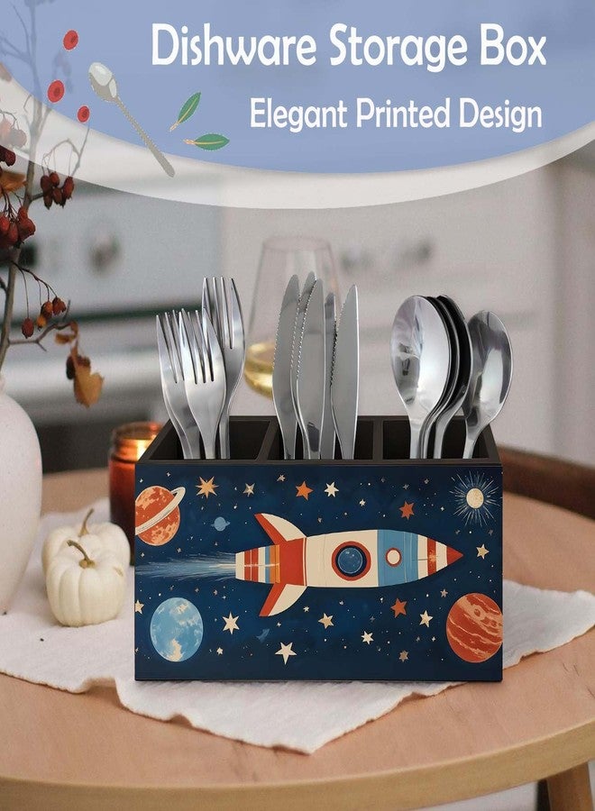 SNNDER Outer Space Pen Holder for Desk, Cosmic Rocket Planet Celestial Wooden Box Sign Desk Decor for Kids Room Home Classroom Decoration, Blue Galaxy Pencil Organizer, Space Decor for Boys Room - Image 5