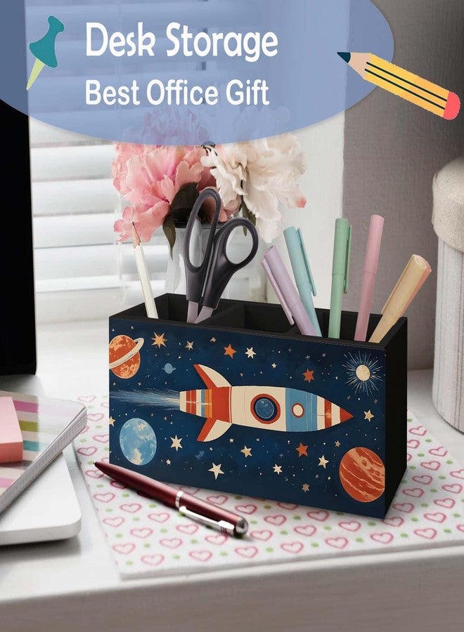 SNNDER Outer Space Pen Holder for Desk, Cosmic Rocket Planet Celestial Wooden Box Sign Desk Decor for Kids Room Home Classroom Decoration, Blue Galaxy Pencil Organizer, Space Decor for Boys Room - Image 4