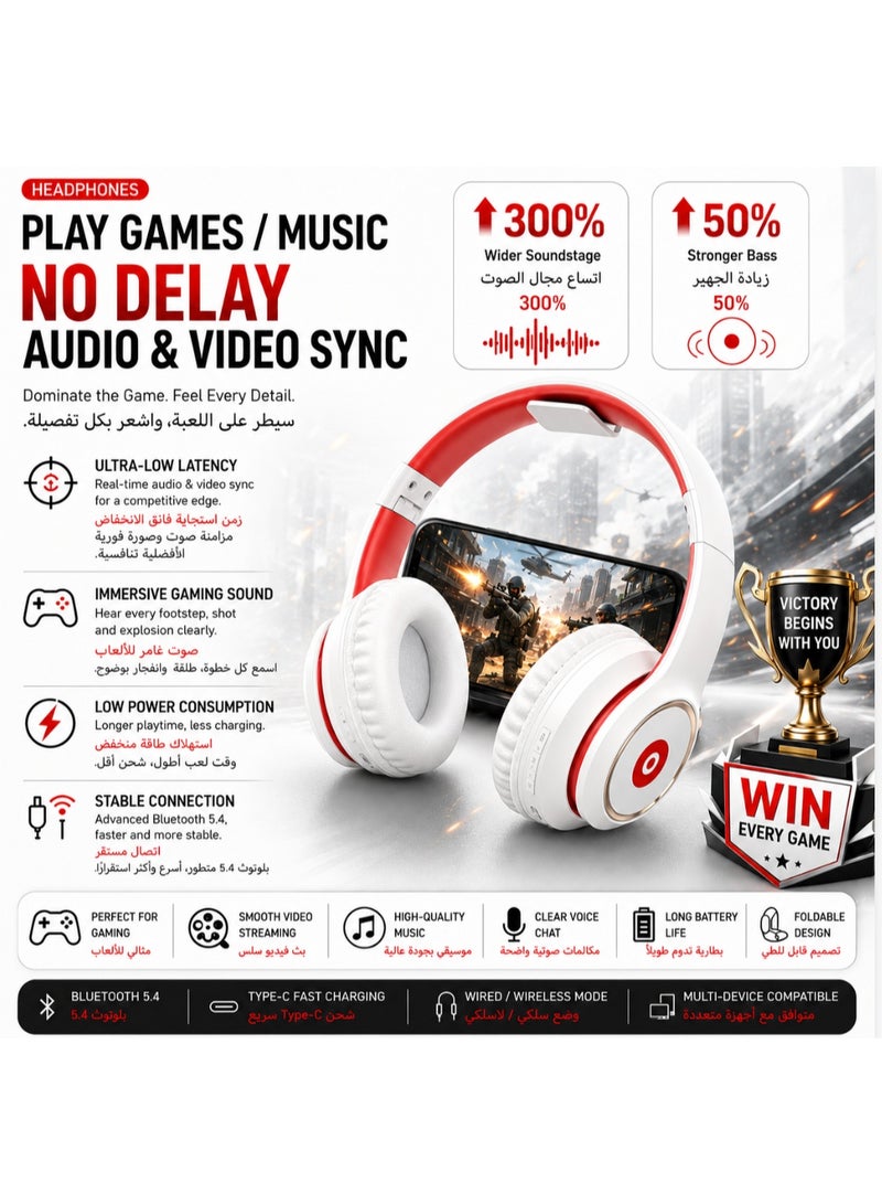 Wireless Over-Ear Headphones, Bluetooth 5.4 Headset with Deep Bass, ENC Noise Cancelling Mic, 40mm Driver, Foldable & Low Latency for Gaming/Music - Image 2
