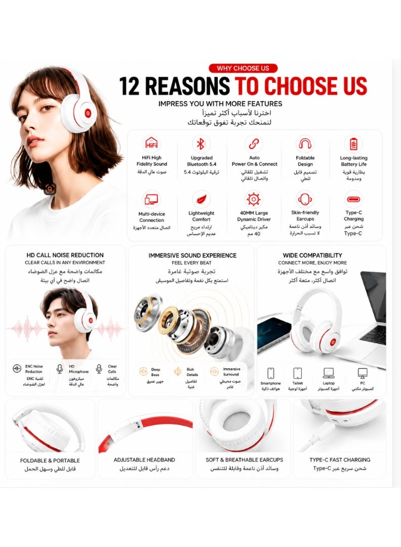 Wireless Over-Ear Headphones, Bluetooth 5.4 Headset with Deep Bass, ENC Noise Cancelling Mic, 40mm Driver, Foldable & Low Latency for Gaming/Music - Image 4