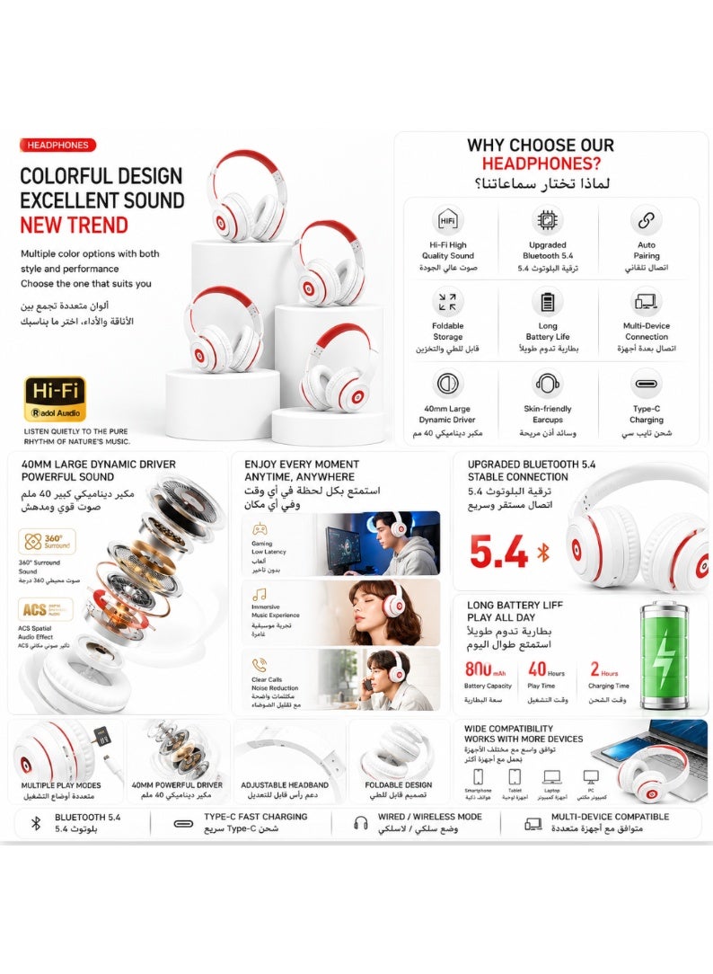 Wireless Over-Ear Headphones, Bluetooth 5.4 Headset with Deep Bass, ENC Noise Cancelling Mic, 40mm Driver, Foldable & Low Latency for Gaming/Music - Image 3