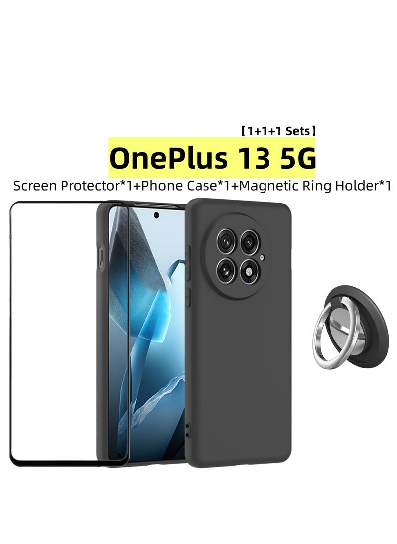 Generic - 【1+1+1 Sets】for OnePlus 13 5G Case & Screen Protector & Magnetic Ring Holder Frosted Pudding Material TPU Cover with Tempered Glass Screen Protector,Ring Holder Suitable for Car Magnetic Attraction - Image 1