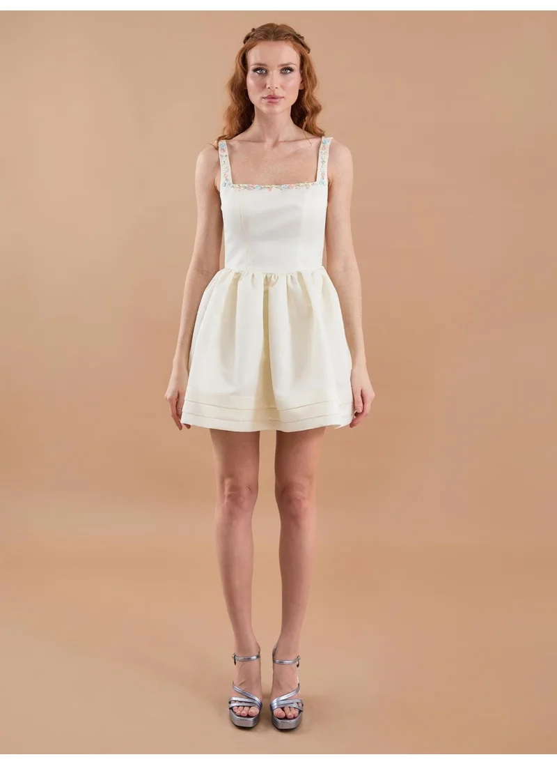 Juste Satin Hand Embroidered Flared Mini Dress Ecru