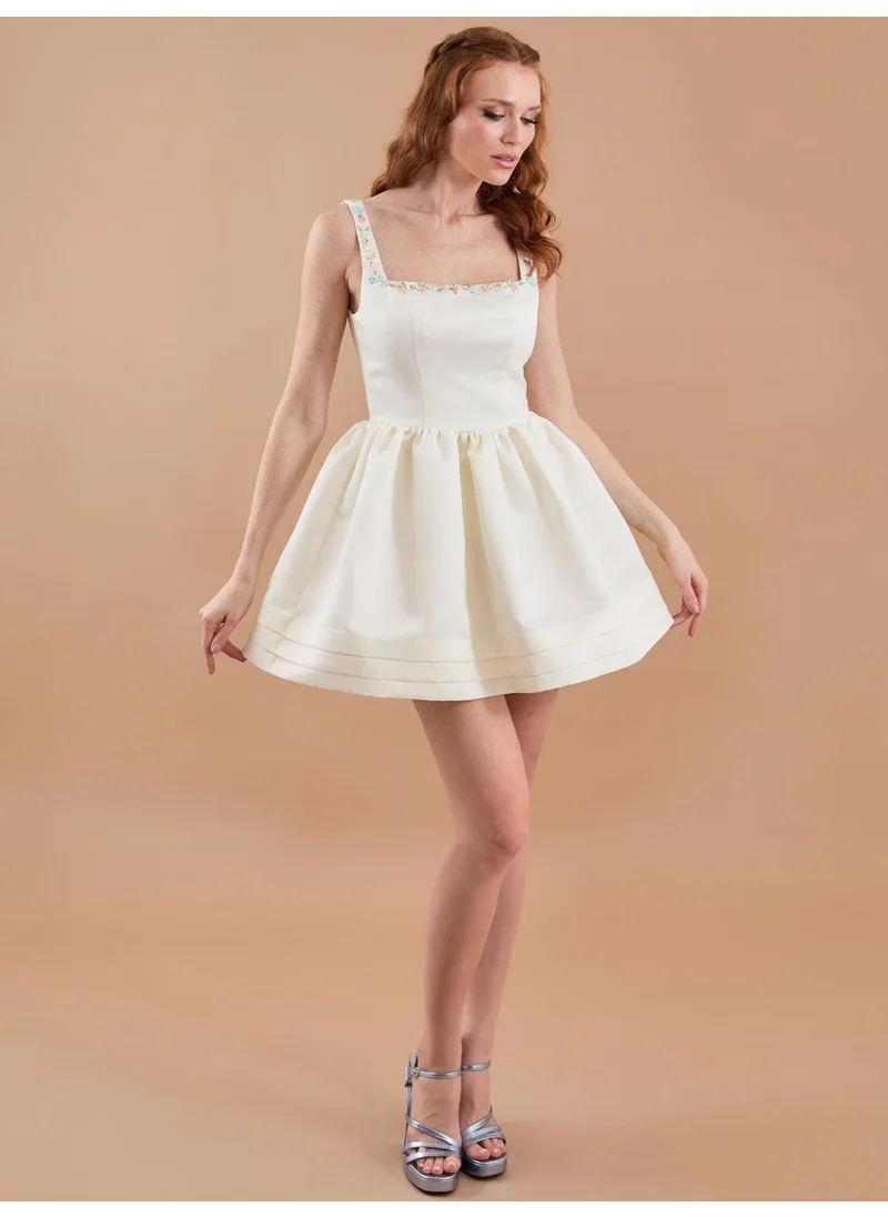 Juste Satin Hand Embroidered Flared Mini Dress Ecru