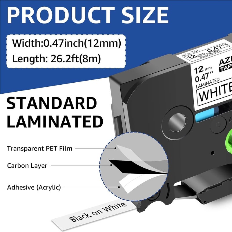 متوافق مع طابعات العلامات PT-H110 | شرائط علامات مقواة بسماكة 6-24 مم (تحل محل TZ/TZe-231/241) للتعليمات متعددة الأحجام (5 حزم باللون الأبيض على الأسود، سماكة 12 مم) - Image 3
