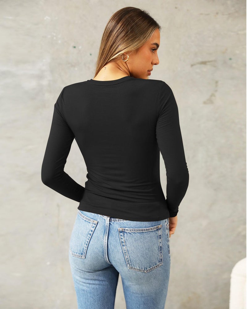 Abardsion Women's Long Sleeve Shirts Spring 2026 Casual Basic Going Out Crop Tops Slim Fit Tight Y2K Clothes(Black, 2XL) - Image 4