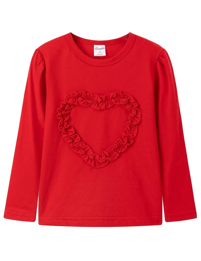 Noomelfish Girls Ruffle Heart T-Shirts Cute Long Sleeve Tee Tops (3-12 Years), Red, 9-10 Years - Image 1