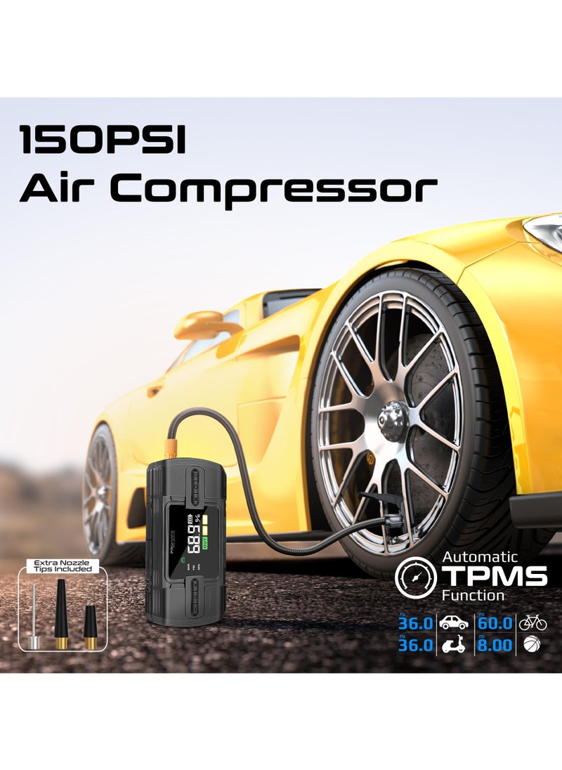 PROMATE - 4-in-1 Portable Car Jump Starter, 150PSI Air Compressor, 12000mAh Power Bank with USB-A & QC 3.0 Ports, TMPS, LED Light, SOS Function, 160W Output, PatrolPack-3 - Image 1