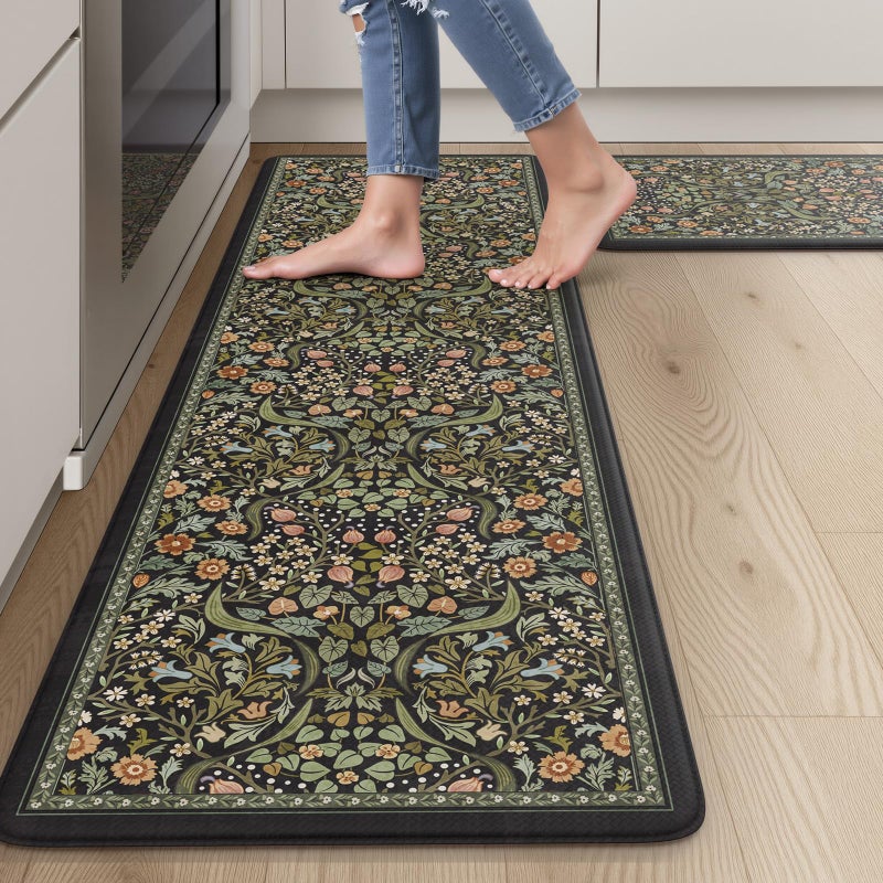 Collive Anti Fatigue Mats for Kitchen Floor, Cushioned Comfort Kitchen Rugs Sets of 2 Waterproof Non Skid Padded Sink Rugs, Boho Floral Rug Black Standing Mat for Office, Laundry - Image 1