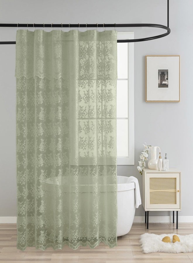 TUDECO Sage Green Shower Curtain with Attached Valance, Knitted Sheer Lace Floral Summer Bathroom Curtain, Scalloped Edge Reinforced Holes Top Green Boho Shower Curtain, 72 x 72 Inch, 1 Panel - Image 1