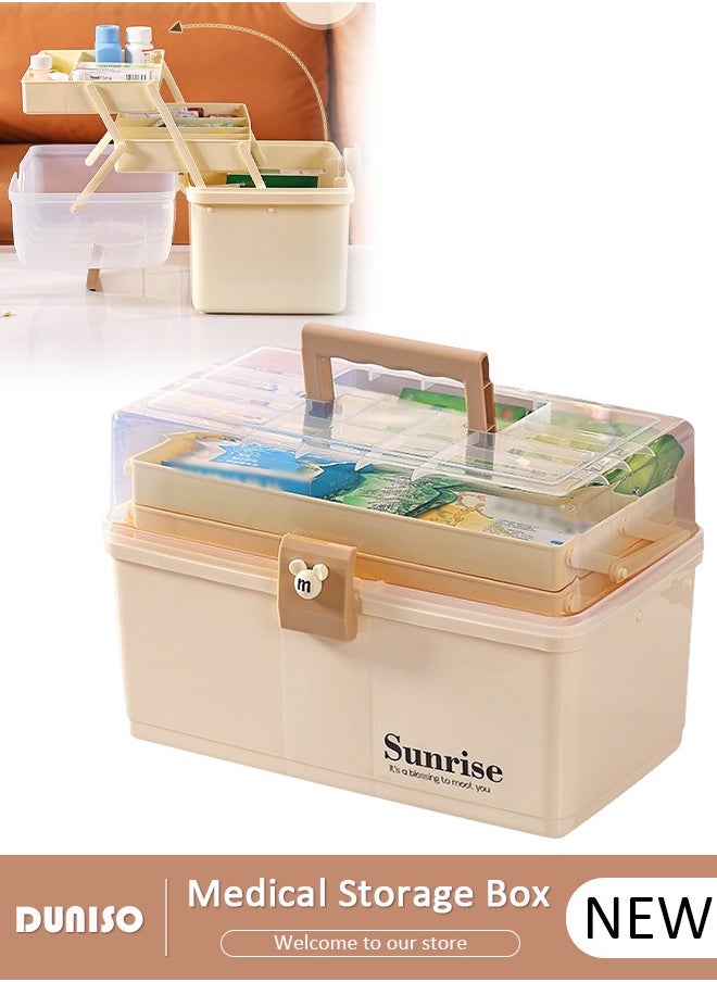 DUNISO - Family Medicine Storage Box Container, 3 Layers Folding First Aid Box Organizer with Locking Lid Handle, Multipurpose Durable Craft Tool Case Plastic Professional Emergency Bin for Home Travel Car Camping Office - Image 1
