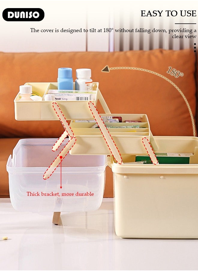 DUNISO - Family Medicine Storage Box Container, 3 Layers Folding First Aid Box Organizer with Locking Lid Handle, Multipurpose Durable Craft Tool Case Plastic Professional Emergency Bin for Home Travel Car Camping Office - Image 1