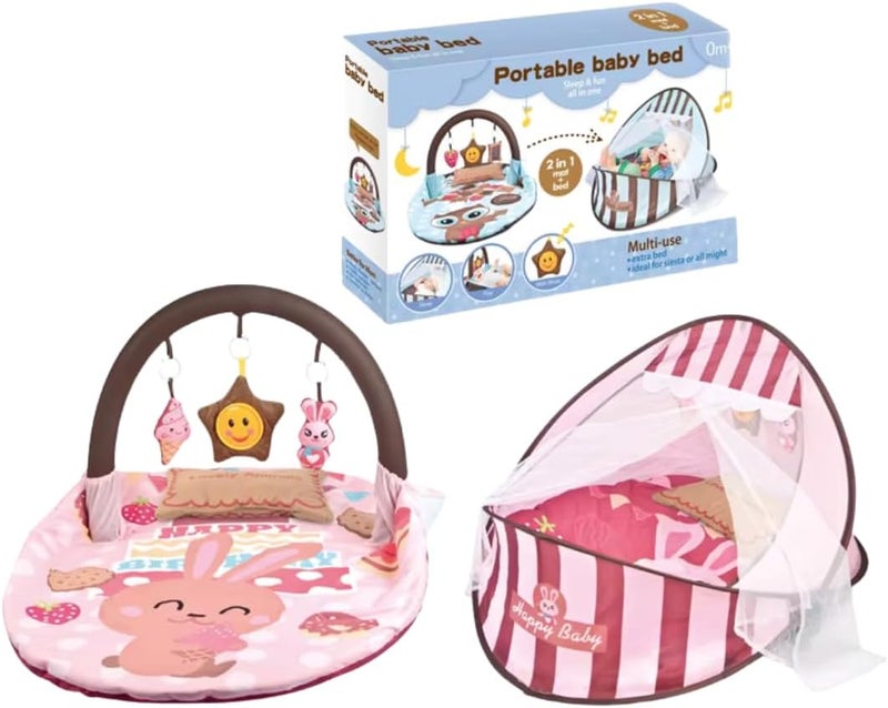 Tiibaby 2 in 1 Portable Crib Bed & Mattress with Mosquito Net and Hanging Toys – Foldable Sleeping Cot & Play Mat – Lightweight & Easy to Carry – Cute & Safe Design for Infant from Birth Multicolor (Pink) - Image 1