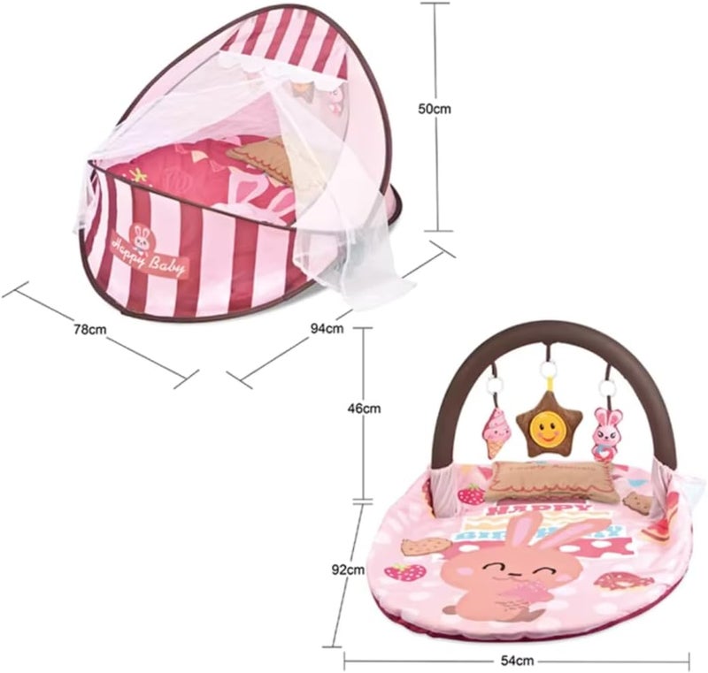 Tiibaby 2 in 1 Portable Crib Bed & Mattress with Mosquito Net and Hanging Toys – Foldable Sleeping Cot & Play Mat – Lightweight & Easy to Carry – Cute & Safe Design for Infant from Birth Multicolor (Pink) - Image 2