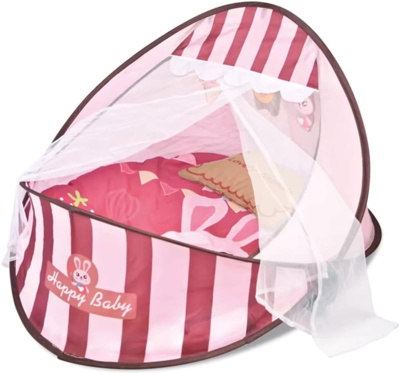 Tiibaby 2 in 1 Portable Crib Bed & Mattress with Mosquito Net and Hanging Toys – Foldable Sleeping Cot & Play Mat – Lightweight & Easy to Carry – Cute & Safe Design for Infant from Birth Multicolor (Pink) - Image 4