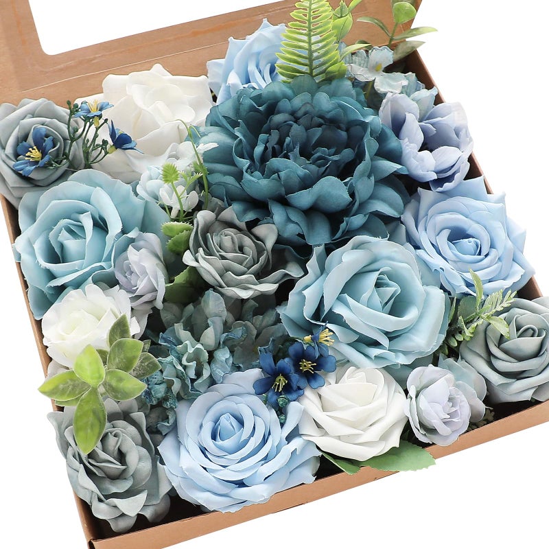 Floroom Dusty Blue Artificial Flowers Powder Blue Fake Roses Peony and Greenery Combo Box Set for DIY Wedding Bouquets Bridal Shower Centerpieces Floral Arrangements Party Tables Home Decorations - Image 1