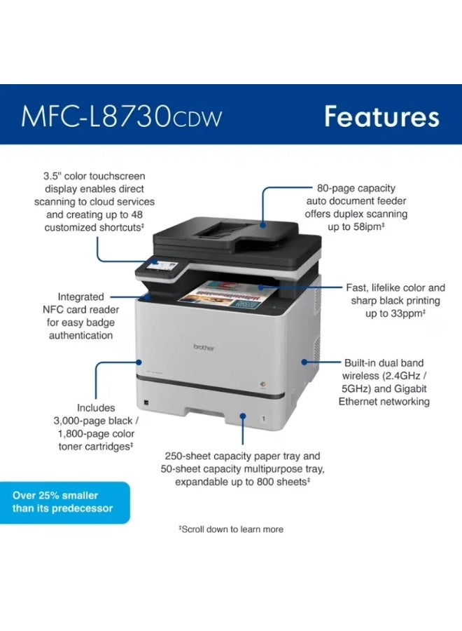 بروذر طابعة ليزر ملونة متعددة الوظائف MFC-L8730CDW، طباعة، مسح، نسخ، فاكس، 31 صفحة في الدقيقة، ثنائية الوجه تلقائيًا، جاهزة لاسلكيًا وشبكيًا - Image 3