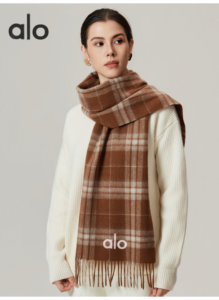Alo Brown Checkered Wool Scarf - Warm winter tassel scarf, fashionable and versatile accessory scarf with minimalist logo and multifunctional neutral pattern, suitable for daily styling - Image 1