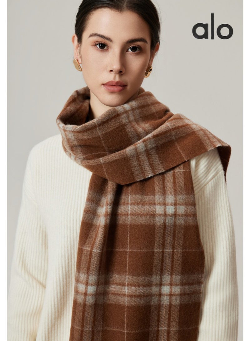 Alo Brown Checkered Wool Scarf - Warm winter tassel scarf, fashionable and versatile accessory scarf with minimalist logo and multifunctional neutral pattern, suitable for daily styling - Image 2