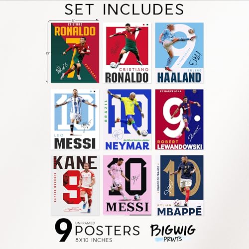 BigWig Prints Soccer Poster - Soccer Decor For Boys Bedroom, Messi And Ronaldo Poster, Messi Posters For Boys Bedroom, Mbappe Wall Art, Neymar Wall Art, Ronaldo Posters - Unframed Set Of 9 (8x10”) - Image 2