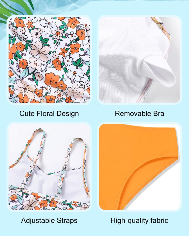 Redair Girls Swimsuits Size 10-12 Swim Suits for Girls Tankini Swimsuits Swimwear for 11-12 Orange Floral - Image 4