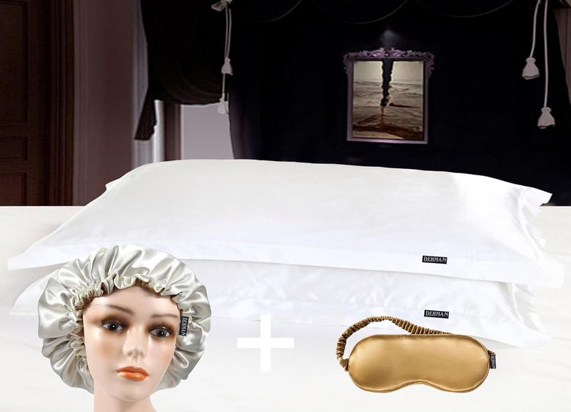 Dehman Dehman 2X Silk Pillowcase, Free Silk Sleep mask & Silk Bonnet Cap for Hair Beauty, Prevent Side Sleeping Wrinkles, Have Good Dreams - Image 1