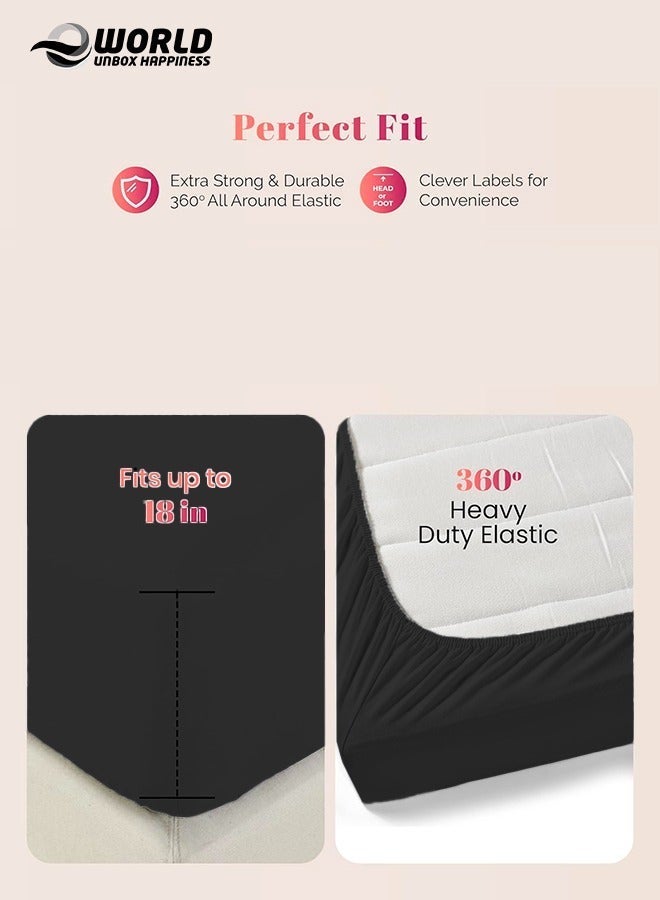 إي وورلد مجموعة شراشف قطنية أسود مجهزة من 3 قطع تتضمن ورقة بجيوب عميقة لتناسب محكم و2 غطاء وسادة، مسامية، قابلة للغسل في الغسالة للحماية الأمثل، متوفرة بأحجام الملك، الملكة والفردي. - Image 4