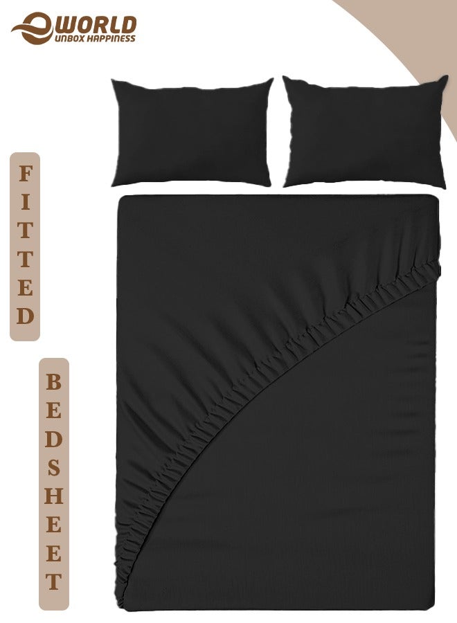 إي وورلد مجموعة شراشف قطنية أسود مجهزة من 3 قطع تتضمن ورقة بجيوب عميقة لتناسب محكم و2 غطاء وسادة، مسامية، قابلة للغسل في الغسالة للحماية الأمثل، متوفرة بأحجام الملك، الملكة والفردي. - Image 1