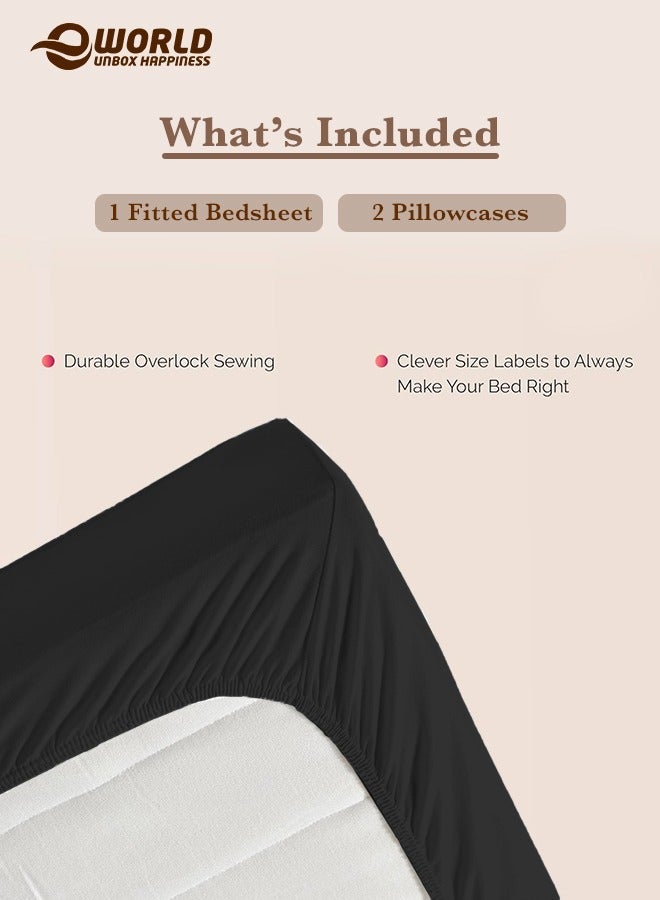 إي وورلد مجموعة شراشف قطنية أسود مجهزة من 3 قطع تتضمن ورقة بجيوب عميقة لتناسب محكم و2 غطاء وسادة، مسامية، قابلة للغسل في الغسالة للحماية الأمثل، متوفرة بأحجام الملك، الملكة والفردي. - Image 2