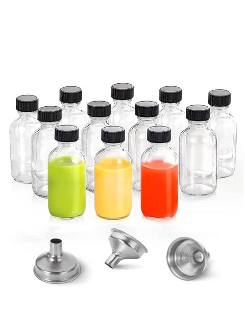 12 Pack, 2 oz Small Clear Glass Bottles with Lids & 3 Stainless Steel Funnels - 60ml Boston Round Sample Bottles for Potion, Juice, Ginger Shots, Oils