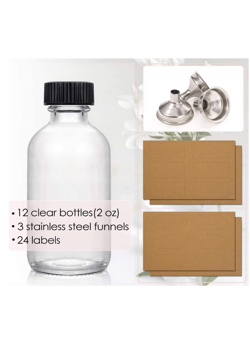 12 Pack, 2 oz Small Clear Glass Bottles with Lids & 3 Stainless Steel Funnels - 60ml Boston Round Sample Bottles for Potion, Juice, Ginger Shots, Oils