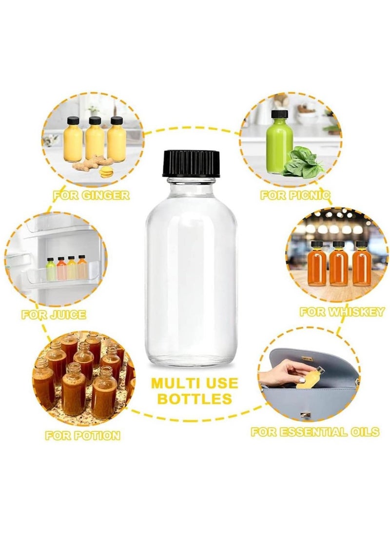 12 Pack, 2 oz Small Clear Glass Bottles with Lids & 3 Stainless Steel Funnels - 60ml Boston Round Sample Bottles for Potion, Juice, Ginger Shots, Oils