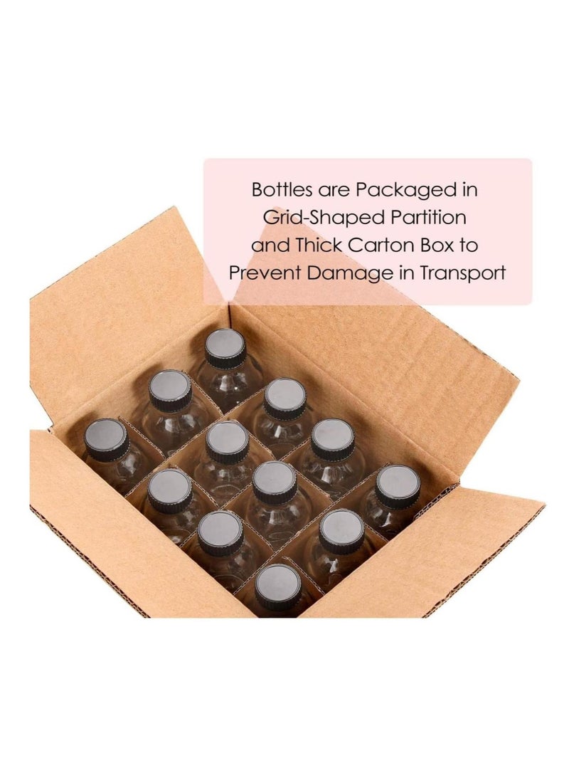 12 Pack, 2 oz Small Clear Glass Bottles with Lids & 3 Stainless Steel Funnels - 60ml Boston Round Sample Bottles for Potion, Juice, Ginger Shots, Oils