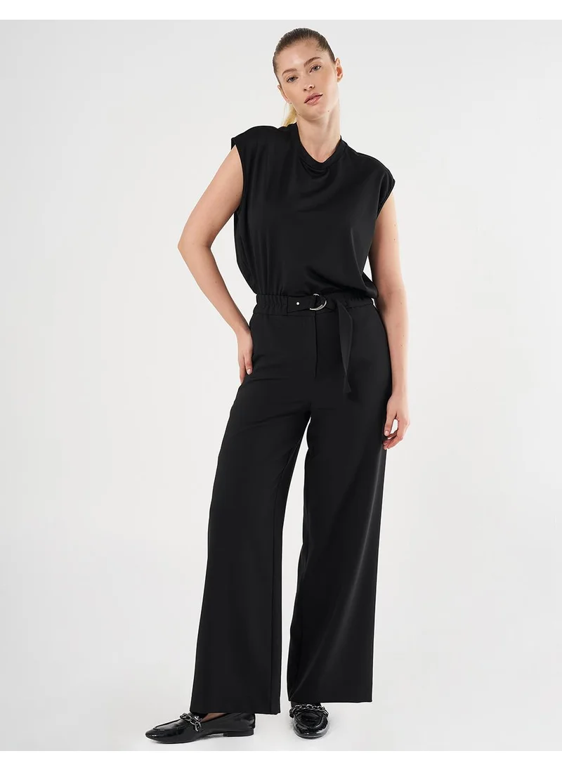 Kayra Metal Buckle Detailed High Waist Pants Black