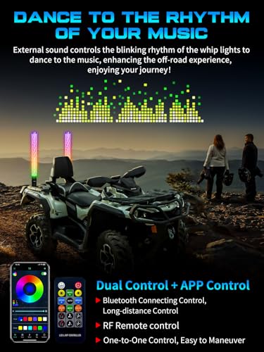 VI9000 2 Pack 2FT Fat Whip Lights, LED Whip Lights with App & Remote Control, Spiral RGB Chasing Lighted Antenna Whips with Rocker Switch, Music Whip Light for SXS UTV ATV RZRCan-Am X3 Off-Road - Image 5
