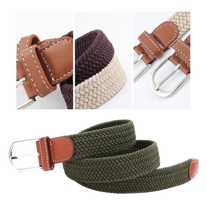 Universal Stretch Belt Casual Fabric Woven Weave Elastic Belt for Men and Women with PU Leather and End Tip ( Green) - Image 3