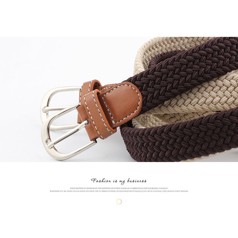 Universal Stretch Belt Casual Fabric Woven Weave Elastic Belt for Men and Women with PU Leather and End Tip ( Green) - Image 2