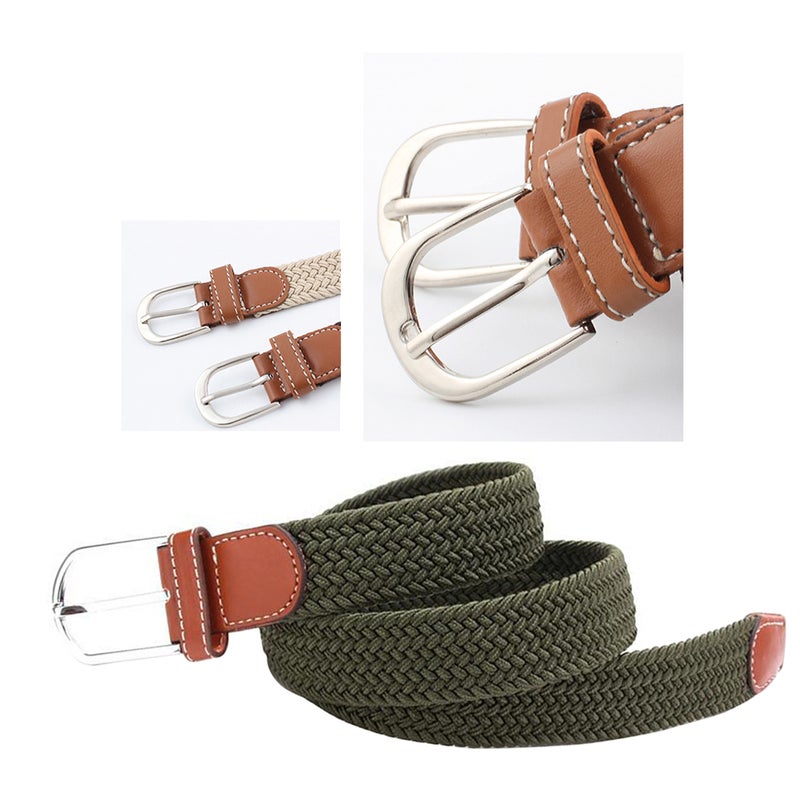 Universal Stretch Belt Casual Fabric Woven Weave Elastic Belt for Men and Women with PU Leather and End Tip ( Green) - Image 5