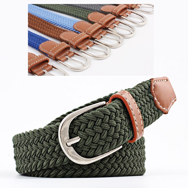 Universal Stretch Belt Casual Fabric Woven Weave Elastic Belt for Men and Women with PU Leather and End Tip ( Green) - Image 1