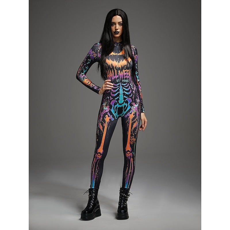 Bluejw Halloween Bodysuit Jumpsuit Onesie Costume Skull Full Body Skeleton Printing Front Zipper Jack O Lantern Gothic Spooky Unisex Costume for Club Party Halloween Carnival Kid's Adults' - Image 1
