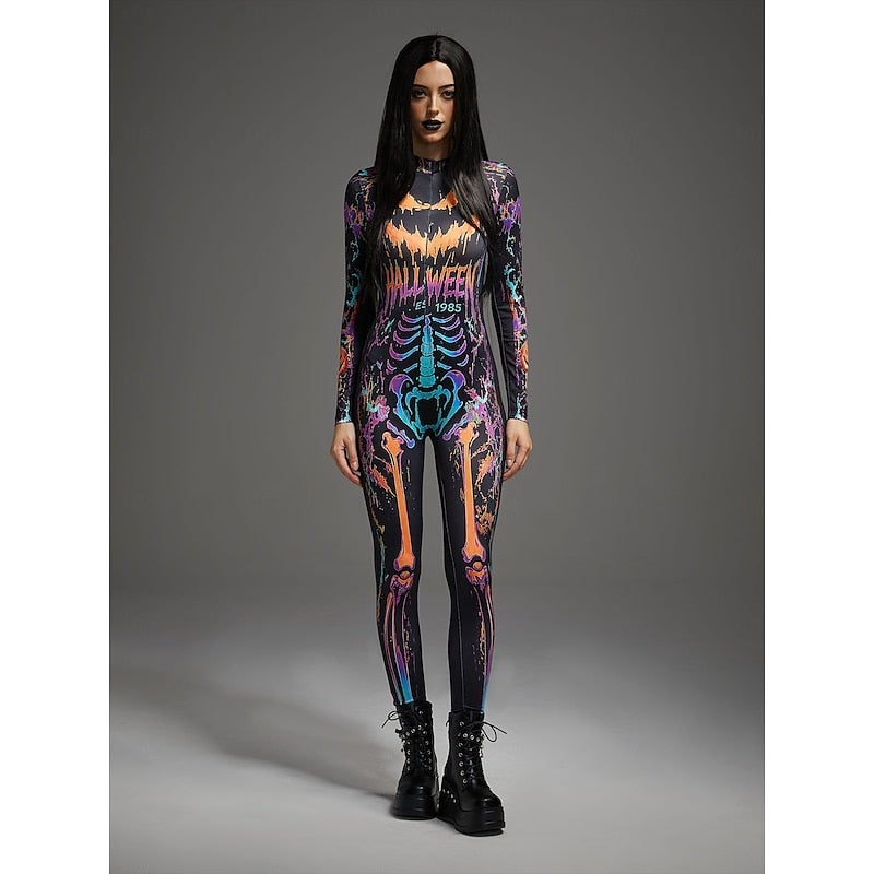 Bluejw Halloween Bodysuit Jumpsuit Onesie Costume Skull Full Body Skeleton Printing Front Zipper Jack O Lantern Gothic Spooky Unisex Costume for Club Party Halloween Carnival Kid's Adults' - Image 3