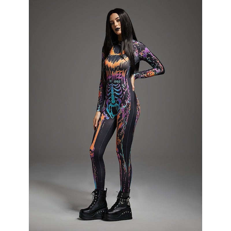 Bluejw Halloween Bodysuit Jumpsuit Onesie Costume Skull Full Body Skeleton Printing Front Zipper Jack O Lantern Gothic Spooky Unisex Costume for Club Party Halloween Carnival Kid's Adults' - Image 4