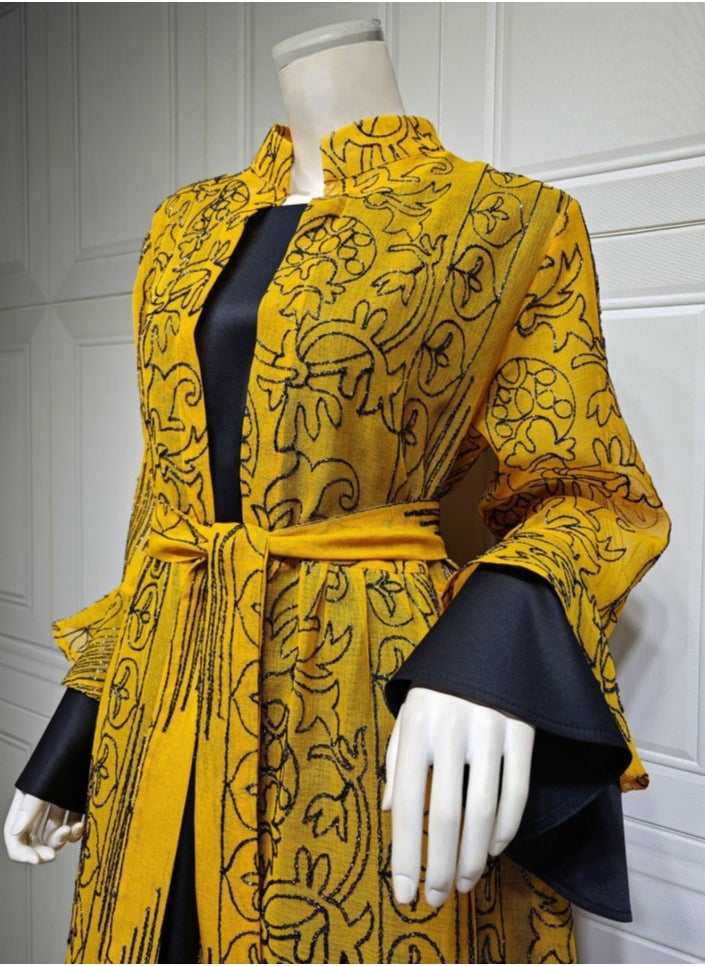 Loquat Ladies Embroidered Robe Long Dress Set Open Front Outer Robe+Inner Skirt+Belt Muslim Abaya Dark Yellow  - Image 3