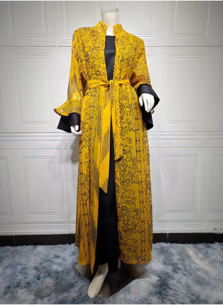 Loquat Ladies Embroidered Robe Long Dress Set Open Front Outer Robe+Inner Skirt+Belt Muslim Abaya Dark Yellow  - Image 2